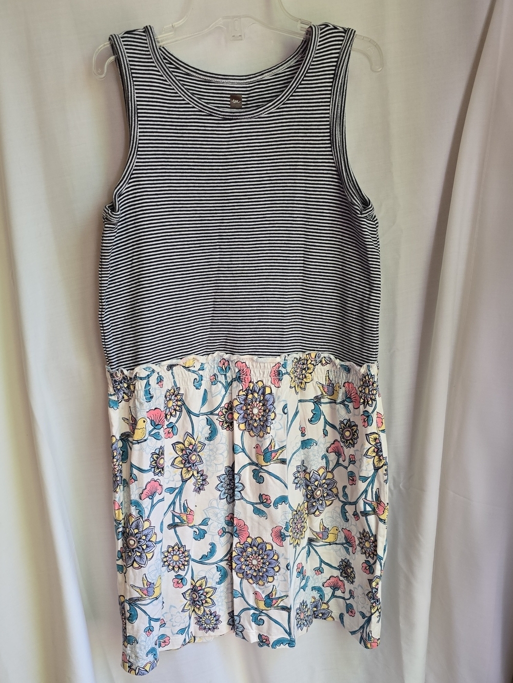 Tea Collection Black & White Striped Bodice Floral Skirt Dress